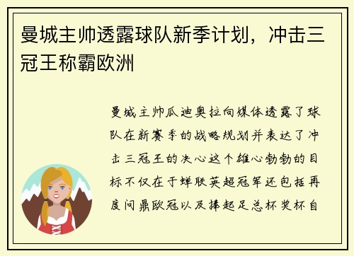 曼城主帅透露球队新季计划，冲击三冠王称霸欧洲