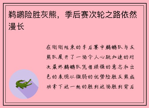 鹈鹕险胜灰熊，季后赛次轮之路依然漫长