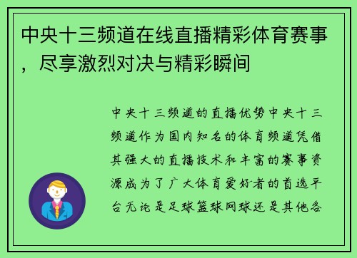 中央十三频道在线直播精彩体育赛事，尽享激烈对决与精彩瞬间