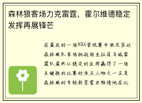 森林狼客场力克雷霆，霍尔维德稳定发挥再展锋芒